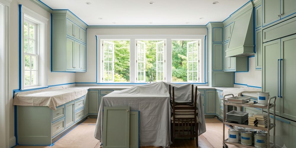 Interior room prepped for summer painting with furniture centered under drop cloths and an open window for ventilation