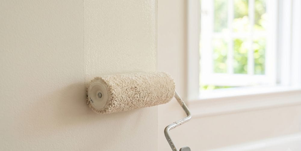 Paint roller applying a smooth, even coat of neutral interior paint with bright summer light from an open window