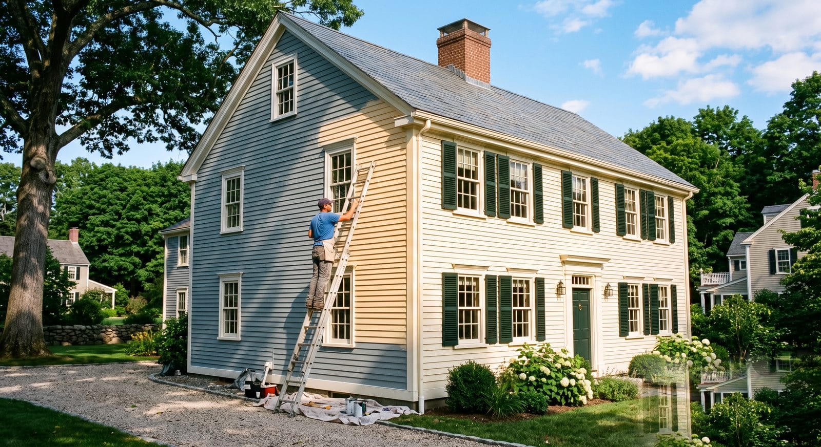 Painter applying exterior paint to the shaded side of a Colonial home on a bright summer afternoon in MetroWest Boston, sunlit clapboard visible around the corner