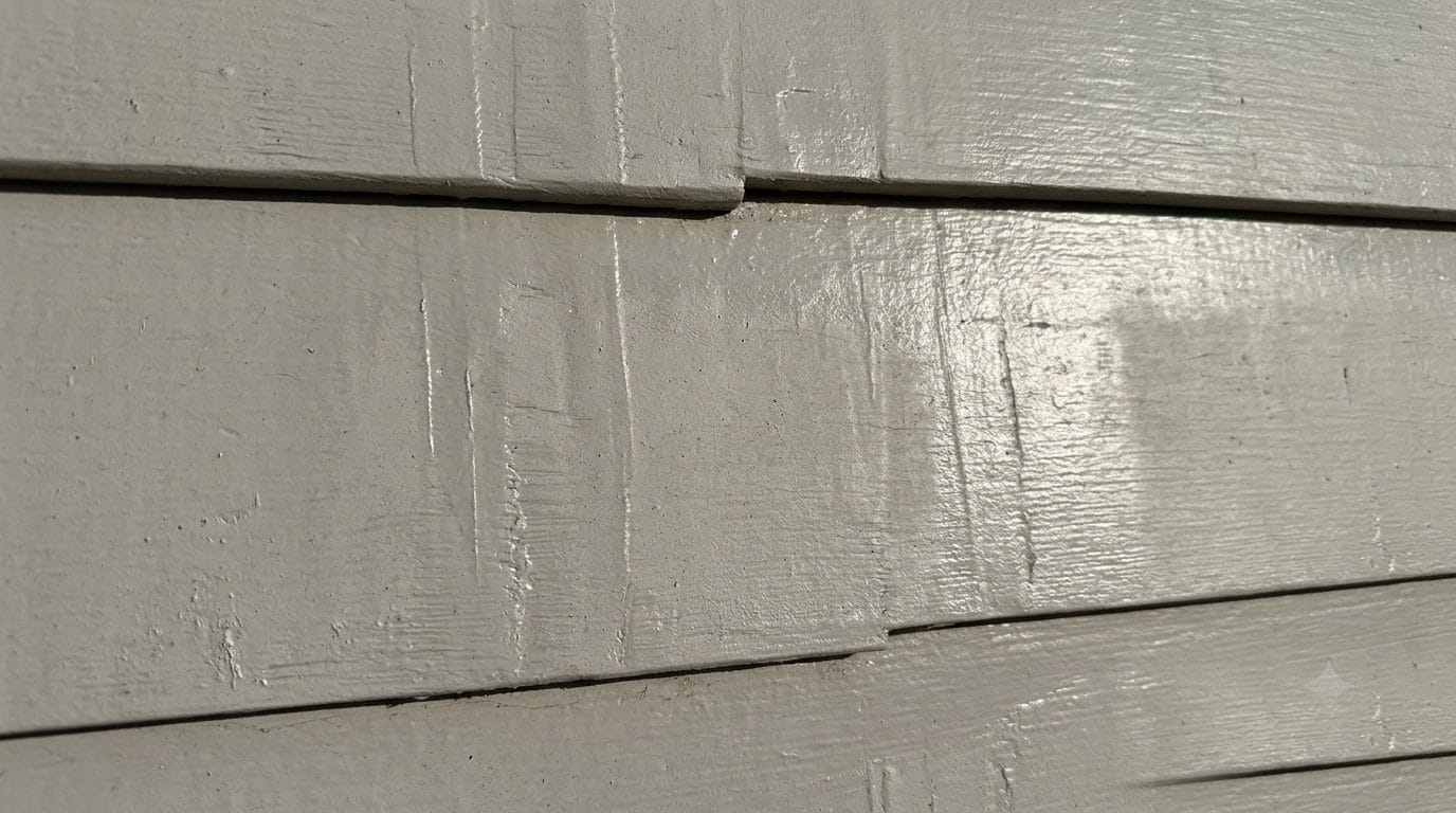 Close-up of exterior clapboard showing visible lap marks and uneven sheen where paint dried too fast in summer heat