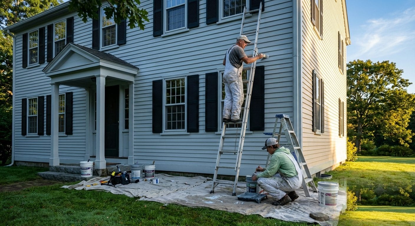 Two painters working on the shaded north side of a home in early morning light during a MetroWest Boston summer