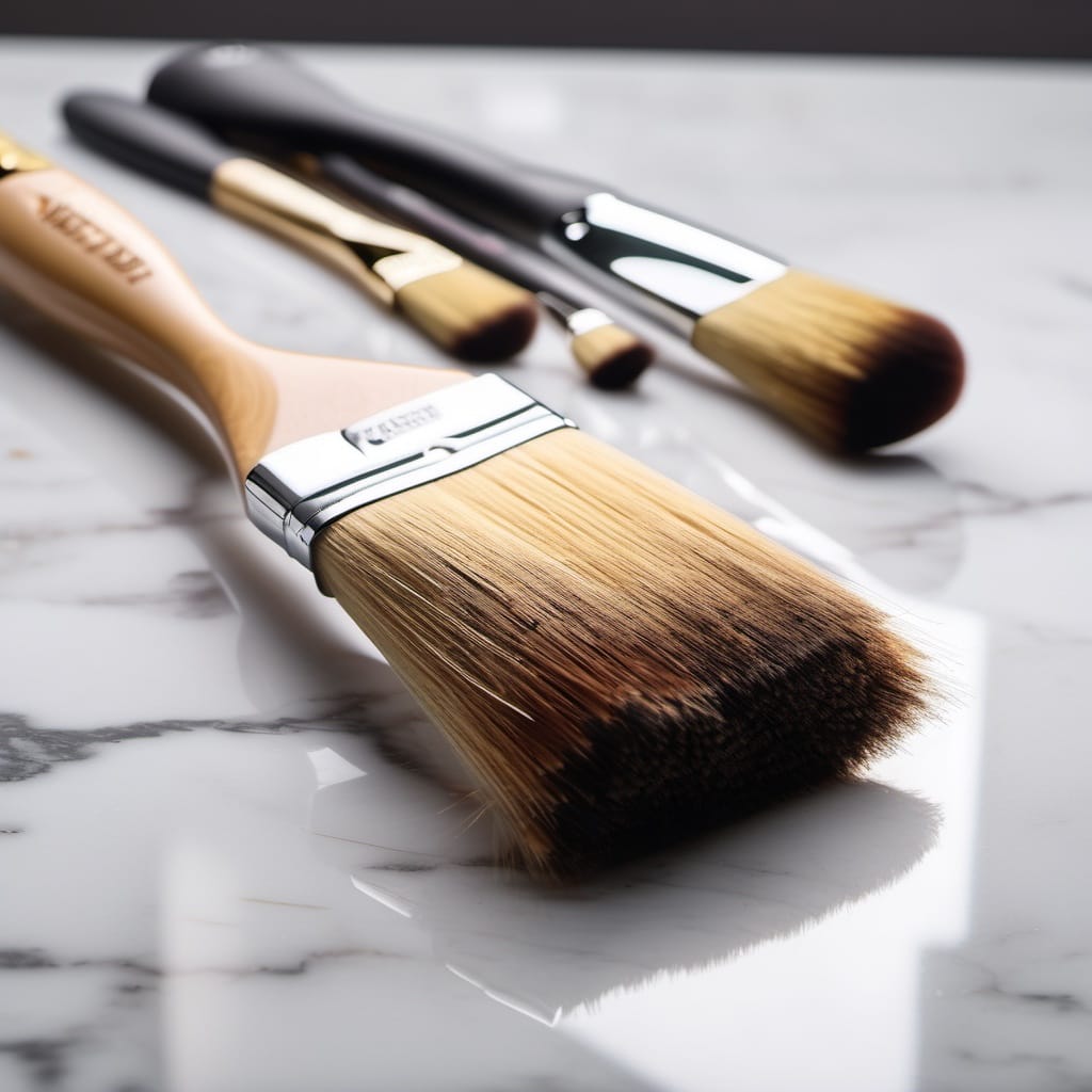 Professional angled paintbrush on a marble surface, the tool behind crisp, brush-mark-free trim painting
