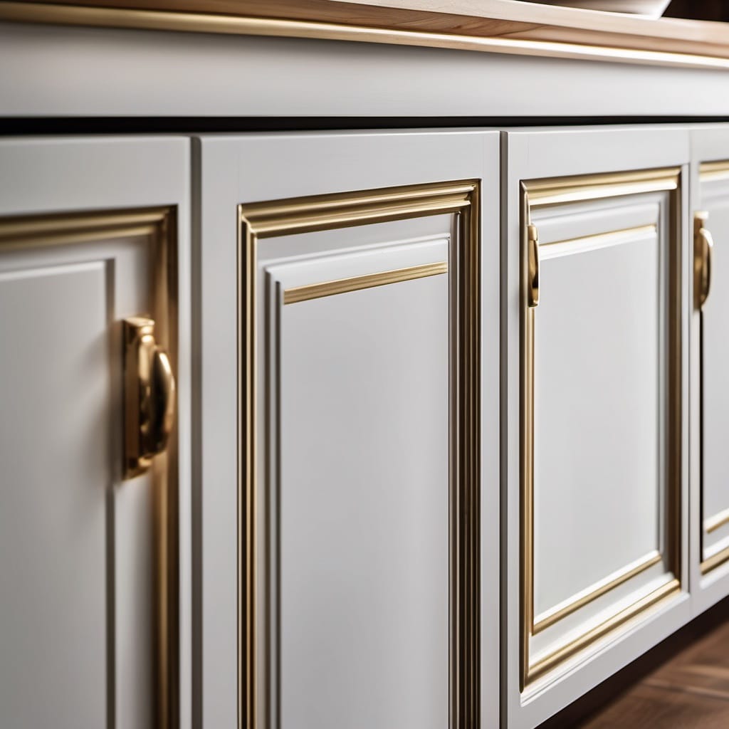 Detailed white cabinet panel millwork with fine trim lines, freshly painted