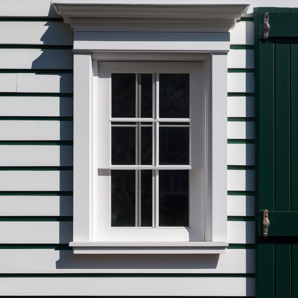 Ornate white exterior window casing and crown trim on a New England clapboard home