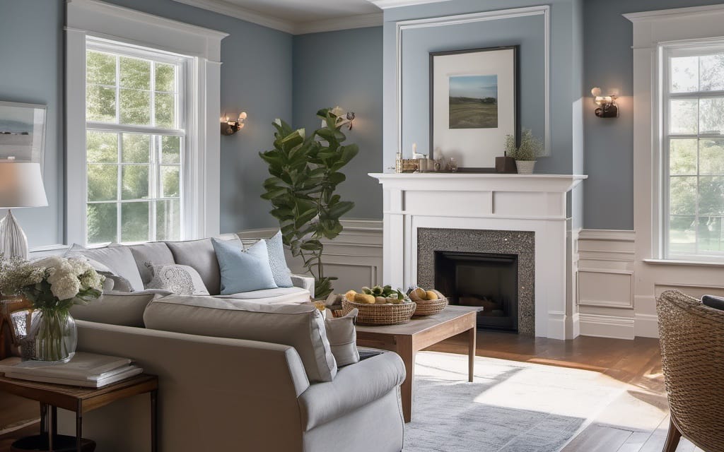 Freshly painted white crown moulding and wainscoting with crisp trim against a soft gray wall in a MetroWest Boston colonial living room
