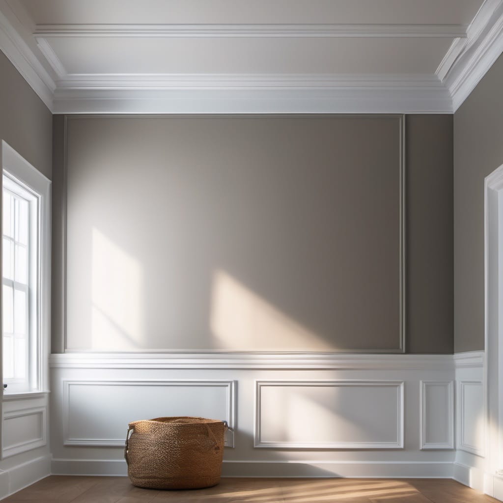 Crisp white panel moulding, wainscoting, and window casing against a soft gray wall in a MetroWest Boston interior