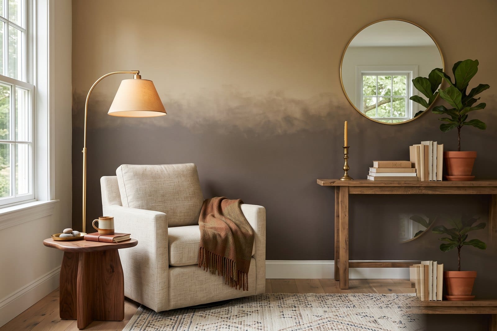 Interior wall painted in the earthy 2026 Colors of the Year, espresso Silhouette and warm Universal Khaki, in a MetroWest Boston Colonial