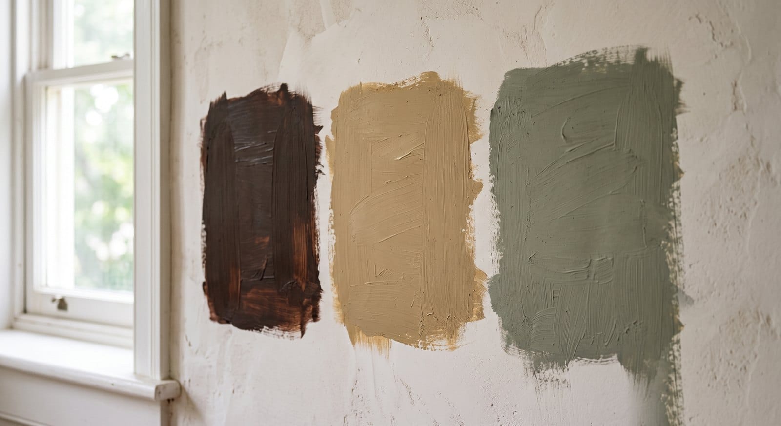 Swatches of the 2026 Colors of the Year including espresso brown, warm khaki tan, and smoky green painted on a New England interior wall