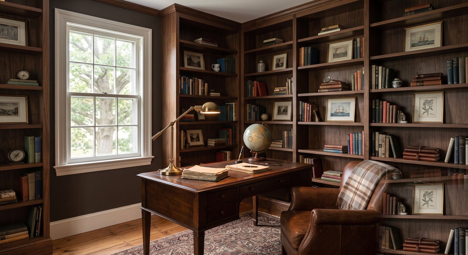 Cozy home study painted in espresso brown Silhouette with warm wood trim and natural light in a MetroWest Boston Colonial
