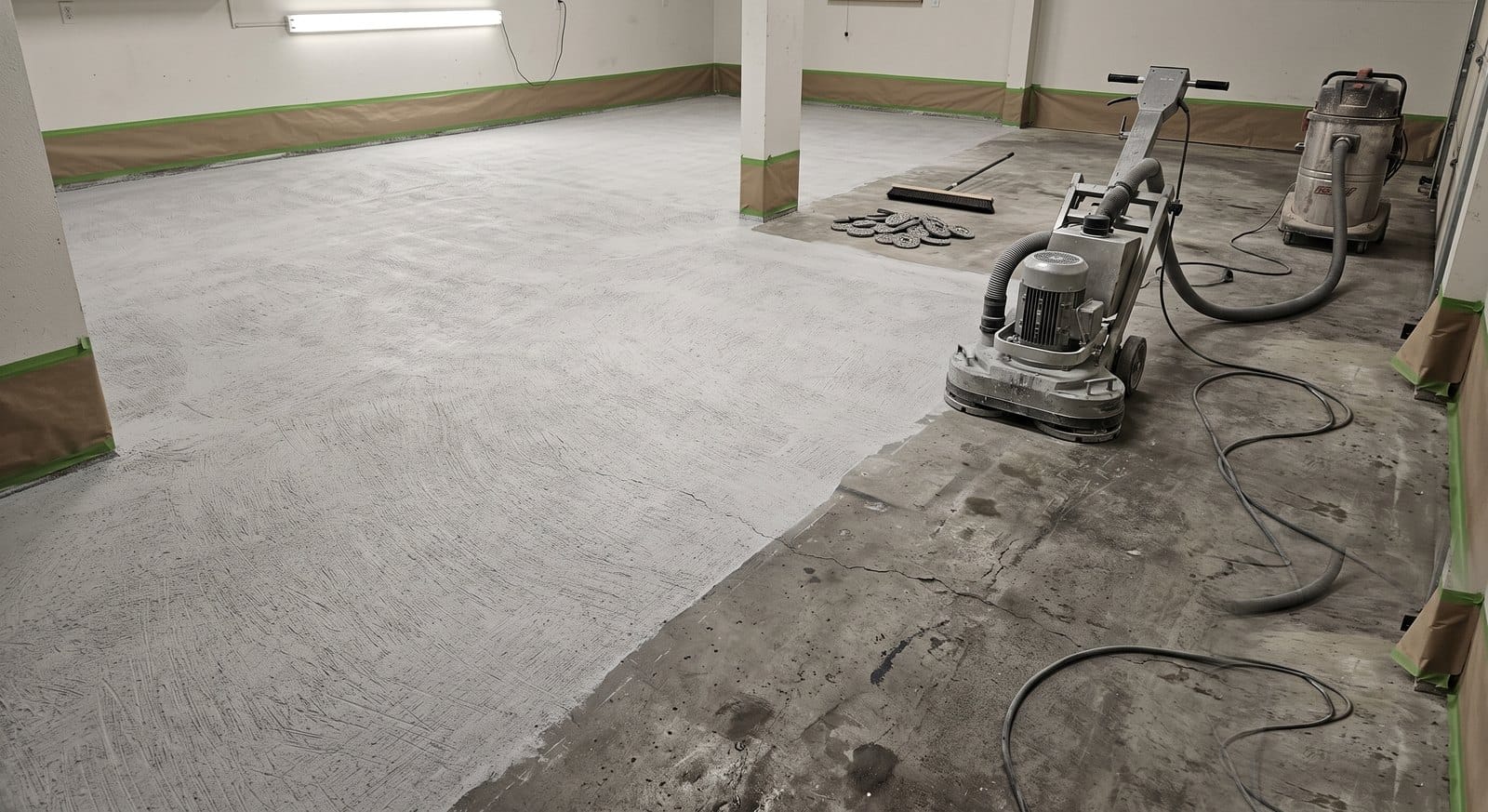 Professionally prepared and profiled concrete garage floor being cleaned and etched before an epoxy coating in a MetroWest Boston home