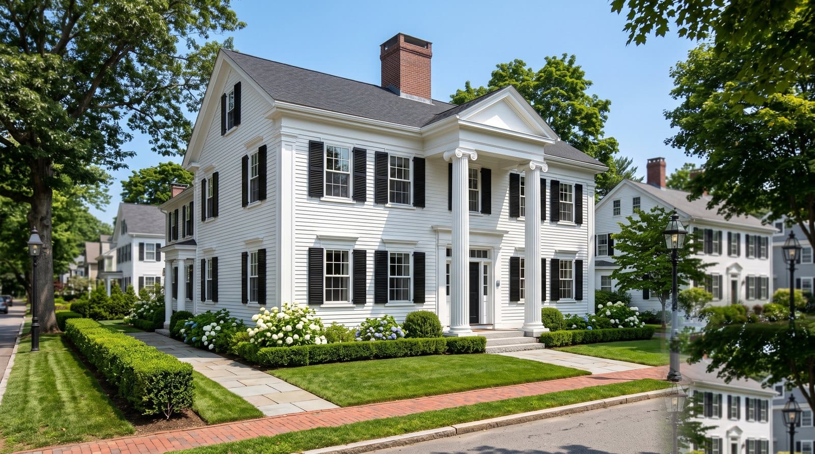 Freshly painted historic New England Colonial home with period-appropriate exterior colors on a MetroWest Boston street