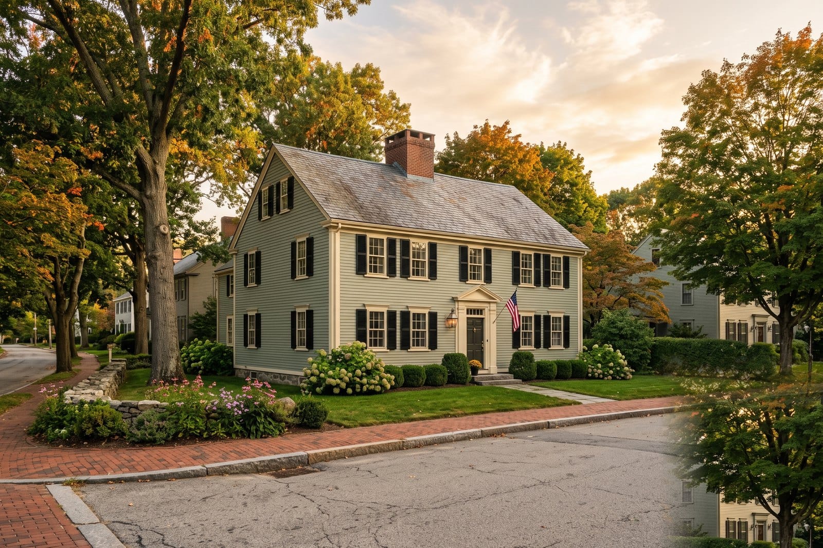 Antique New England Colonial home with period-appropriate exterior paint in a MetroWest Boston Local Historic District