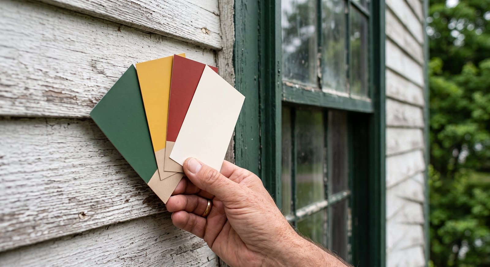 Homeowner comparing historic paint color samples against period trim on an antique New England home exterior