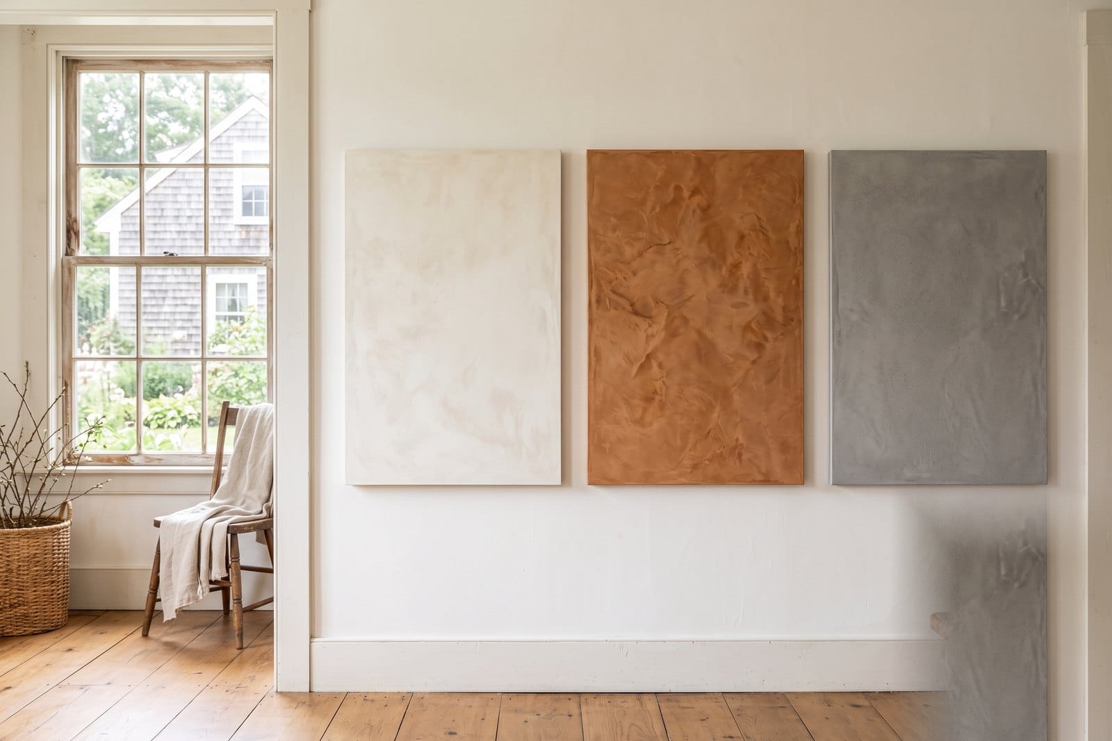 Side-by-side comparison of limewash, Venetian plaster, and microcement wall finishes in a MetroWest Boston home