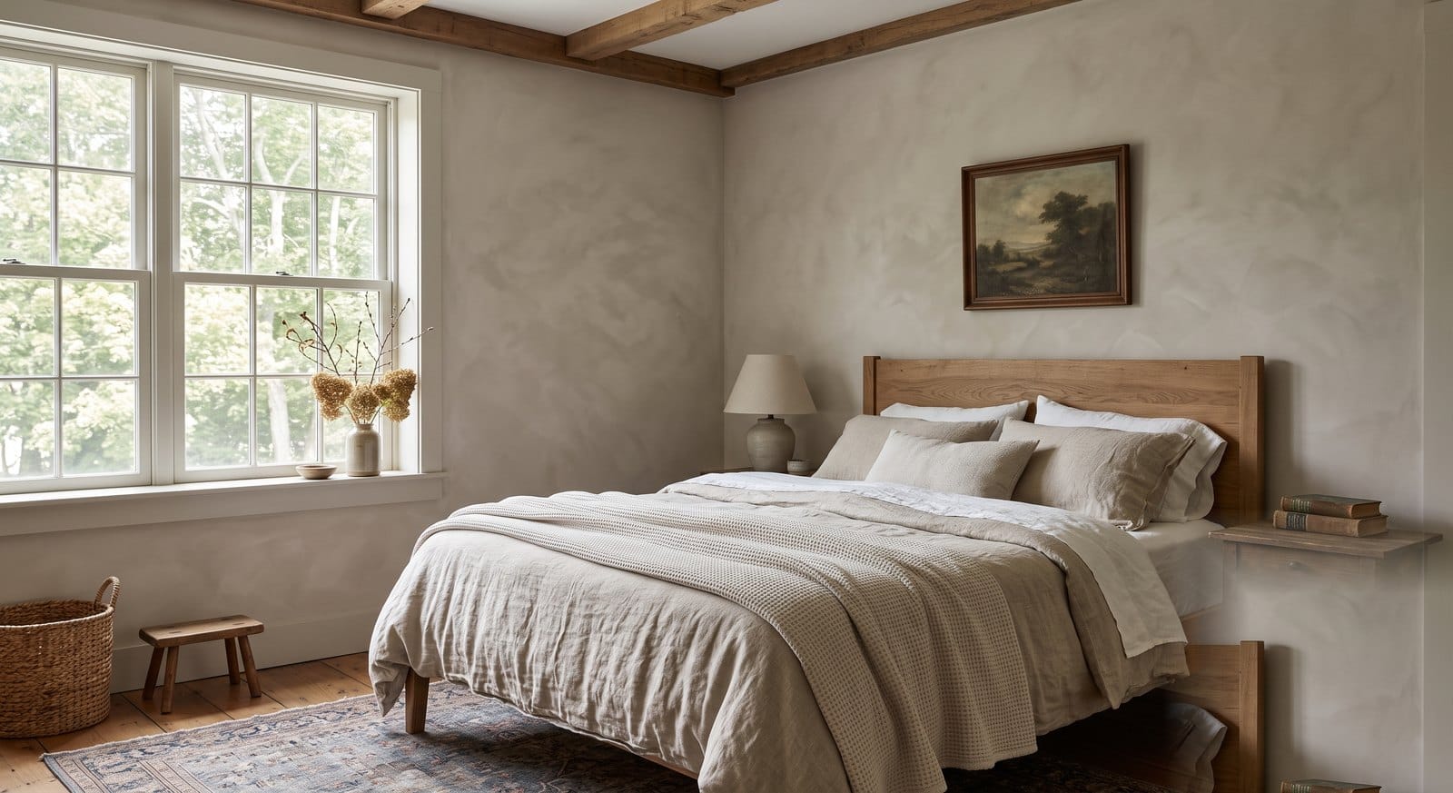 Soft matte limewashed wall with cloud-like movement in an older MetroWest Boston bedroom