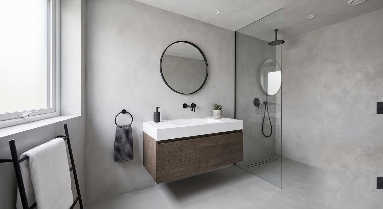 Seamless microcement finish on a modern bathroom wall and floor in a MetroWest Boston home