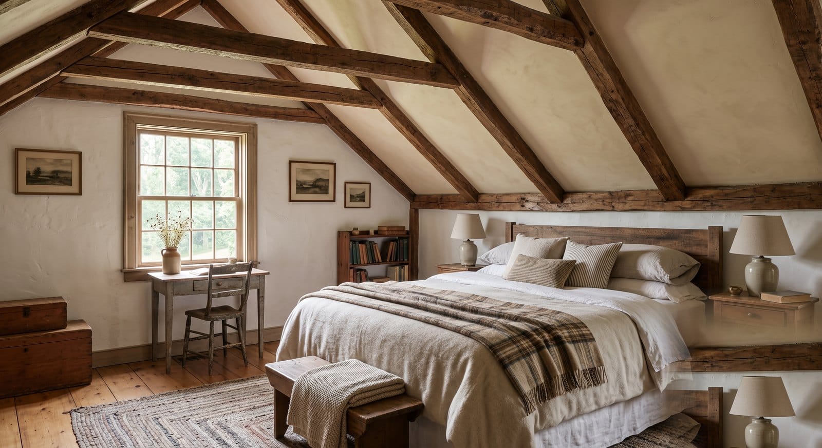 Bedroom ceiling painted a soft warm tone with exposed wood beams in an antique MetroWest Boston home