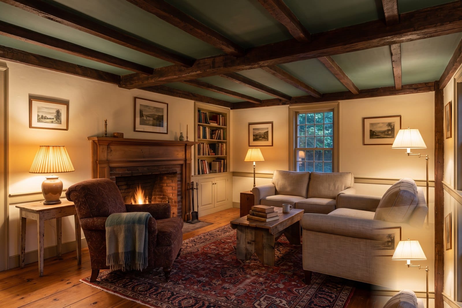Room with a color-painted ceiling and exposed beams creating an enveloping fifth-wall effect in a MetroWest Boston older home