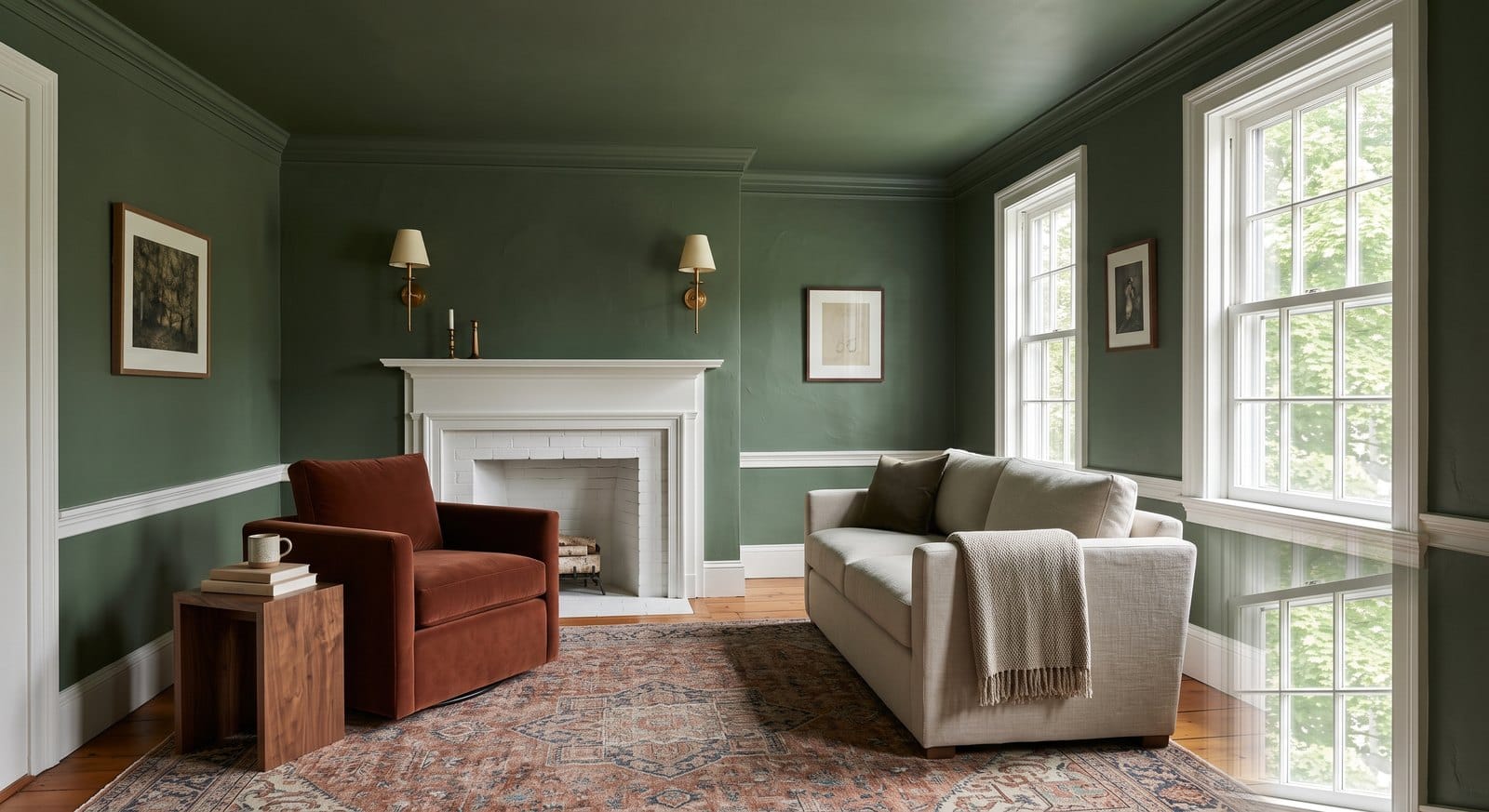 Cozy sitting room with walls and ceiling painted the same deep green for an enveloping fifth-wall effect in a MetroWest Boston home