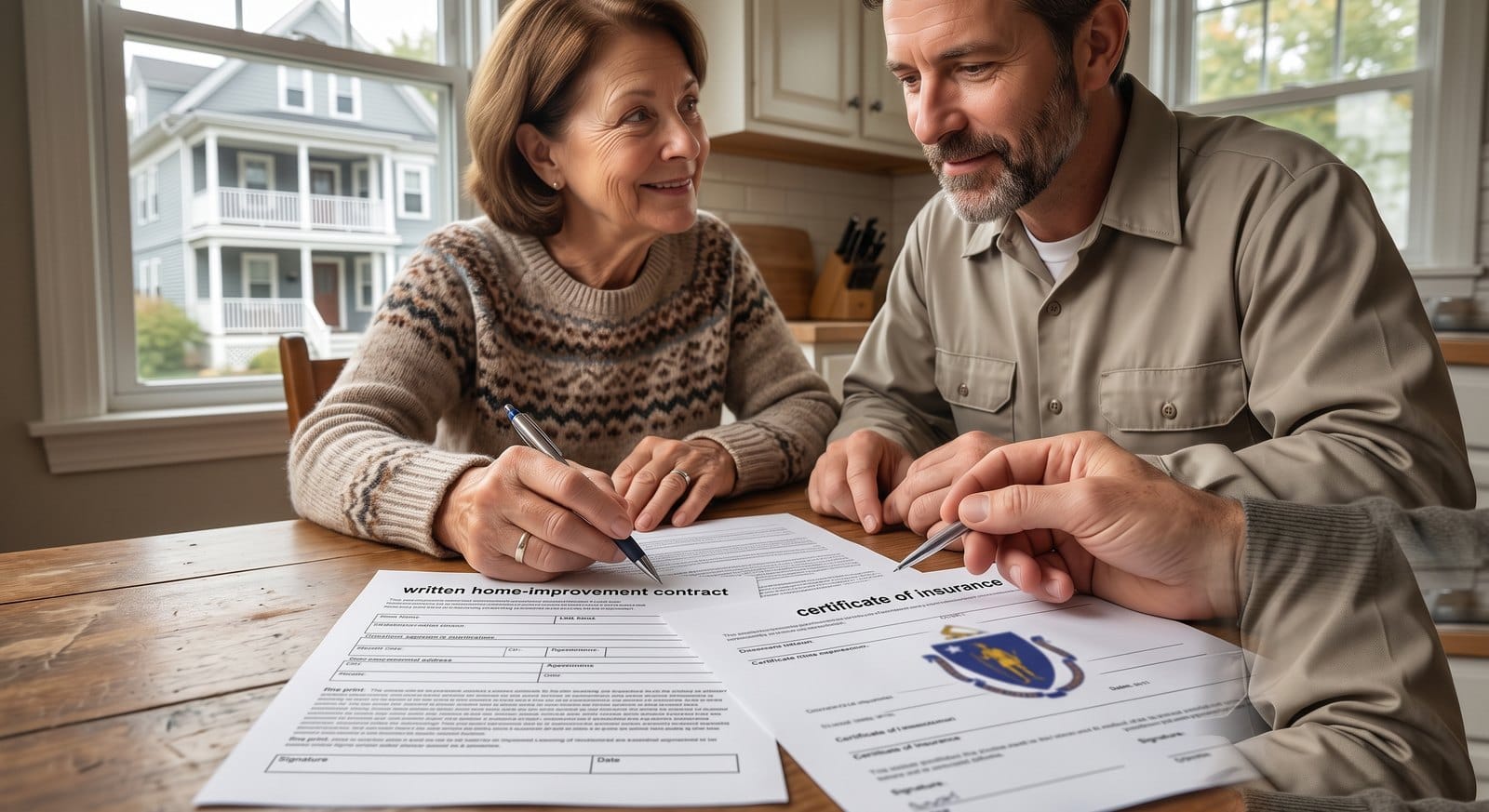 Homeowner and painting contractor reviewing a written home improvement contract at a kitchen table in a MetroWest Boston home