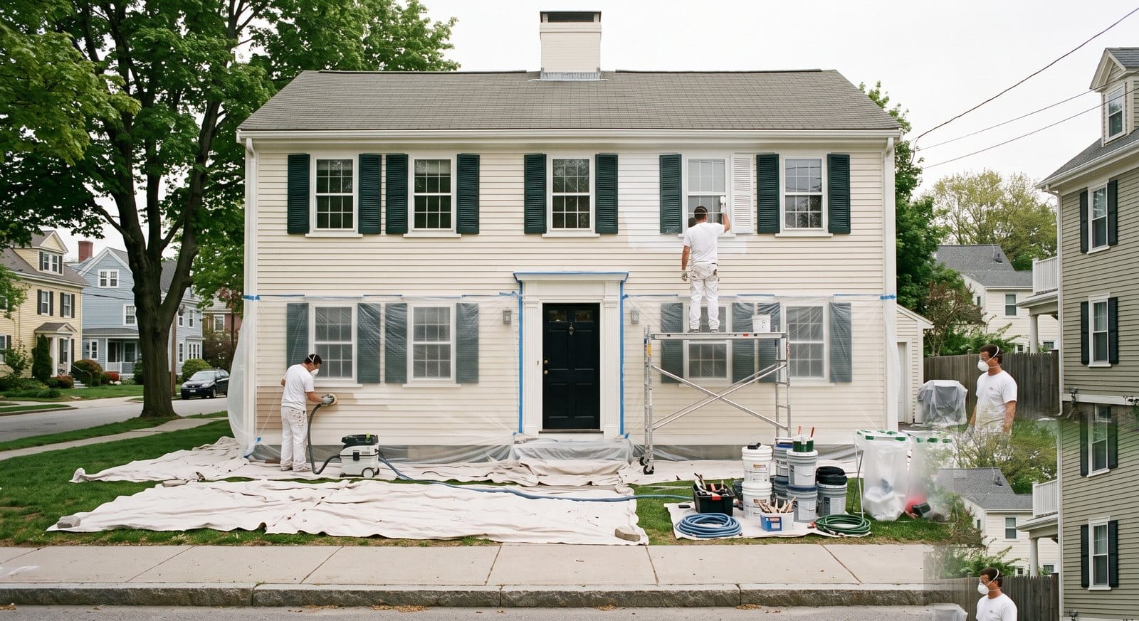 Lead-safe certified painting crew using containment and proper prep on a pre-1978 MetroWest Boston home exterior