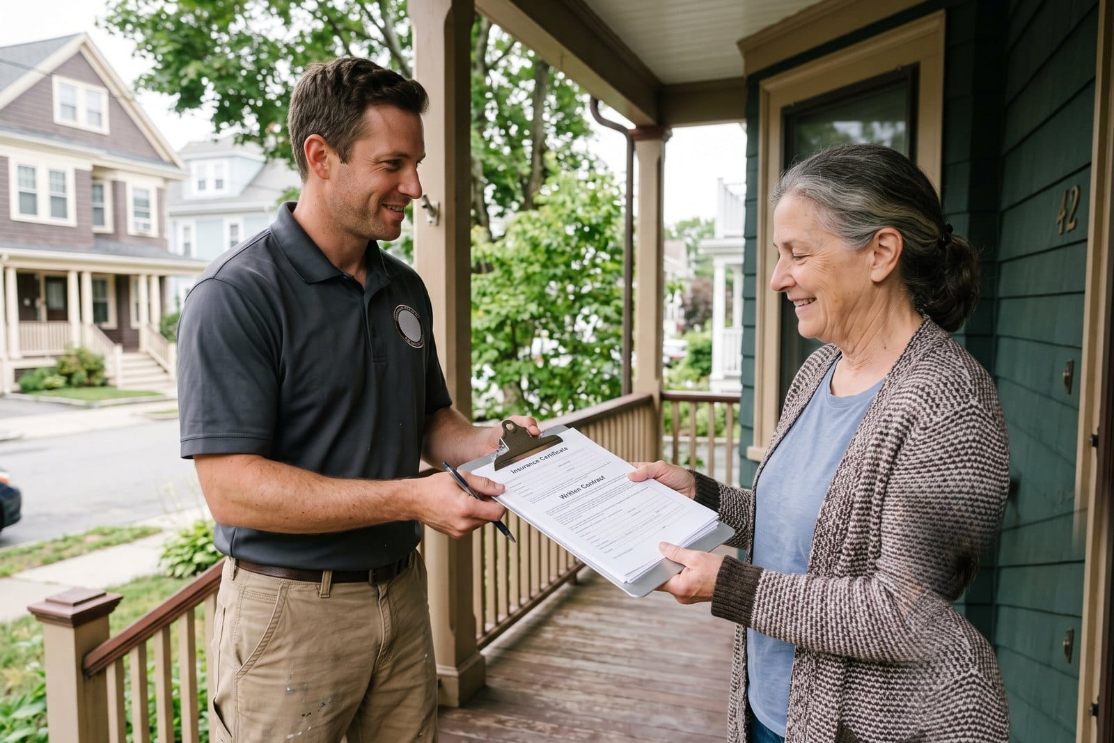 Professional painting contractor handing a homeowner an insurance certificate and written contract at a MetroWest Boston home
