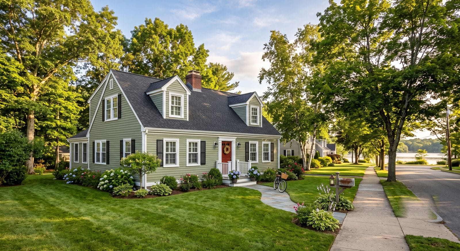 Freshly painted cape-style home with white trim near the reservoir in Ashland Massachusetts