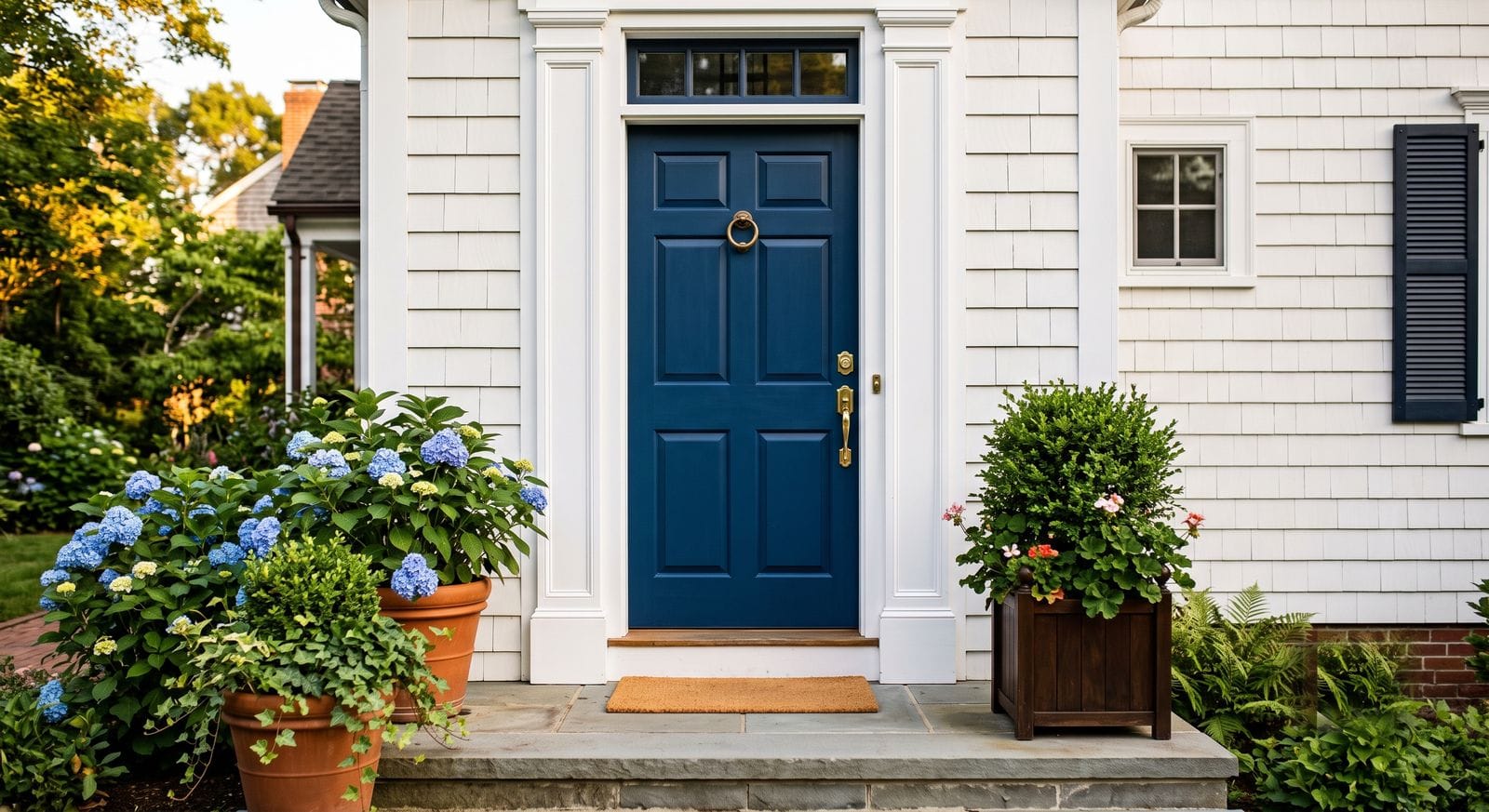 Freshly painted front door with crisp white casing on an Ashland, Massachusetts home