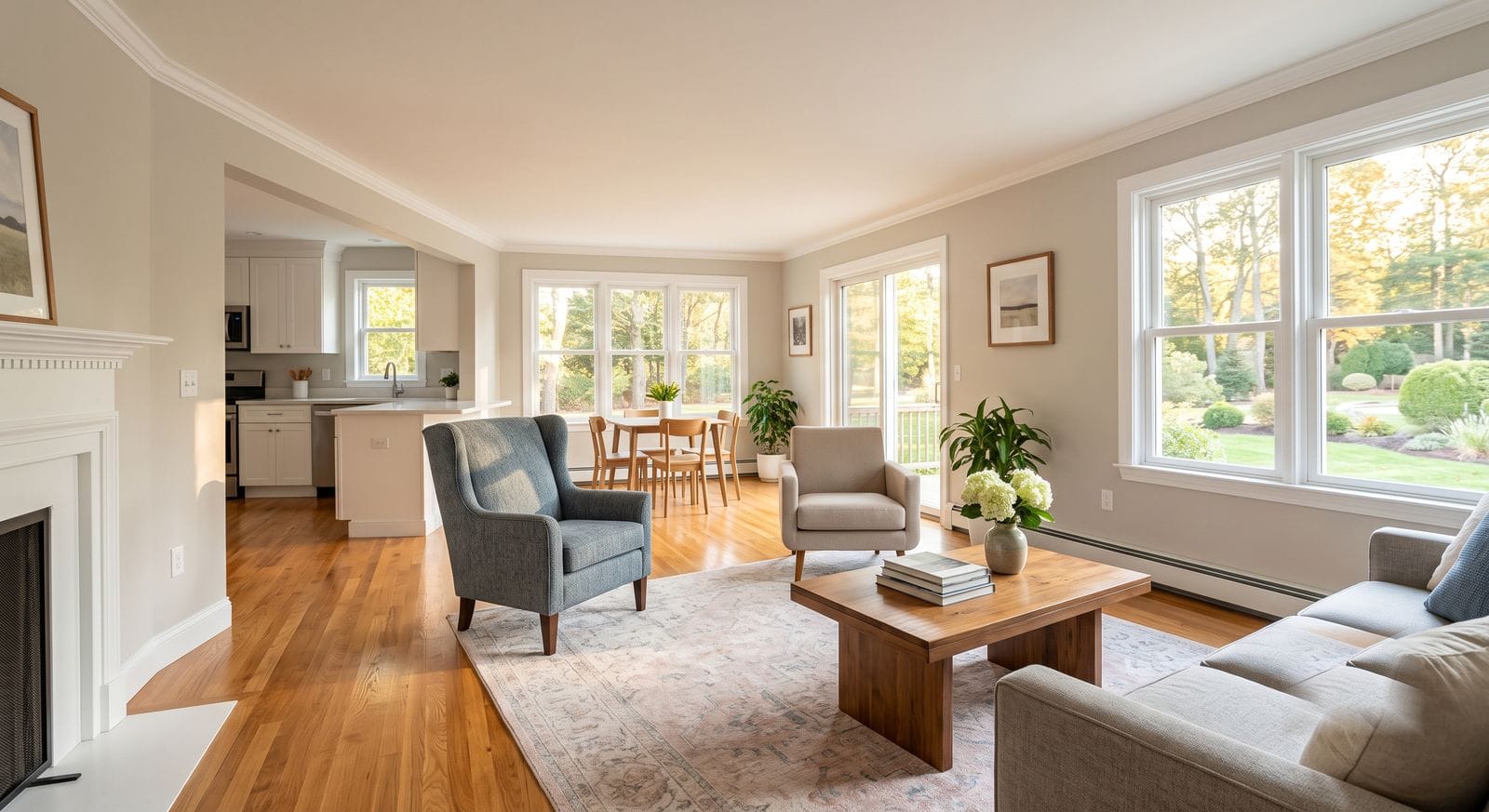 Bright freshly painted open living space with white trim in an Ashland, Massachusetts home