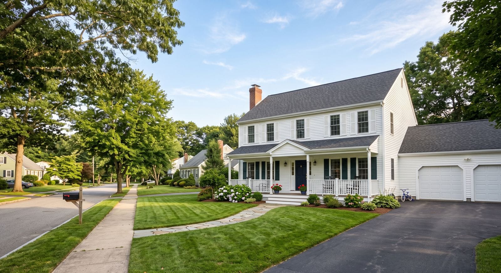 Freshly painted colonial home with white trim on a residential street in Bellingham Massachusetts