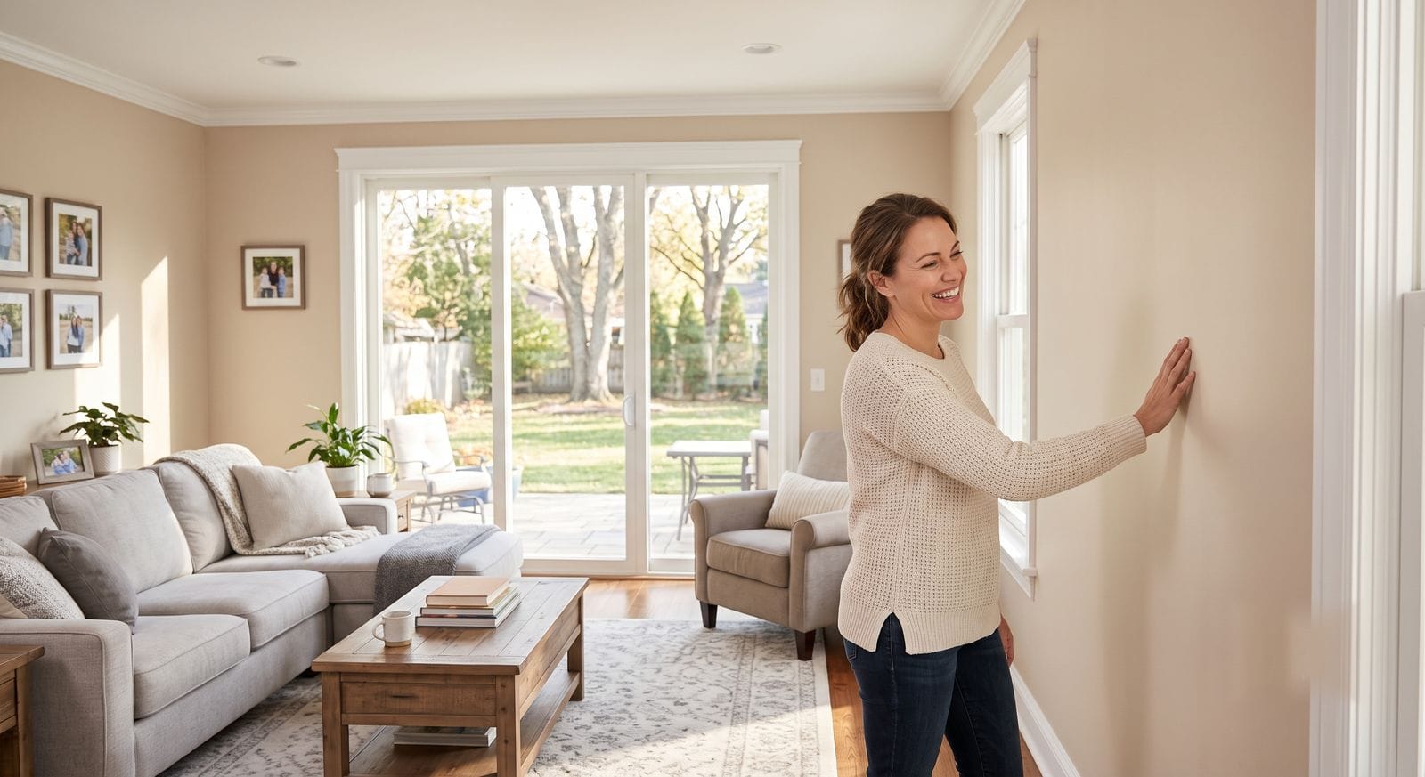 Freshly painted family room with warm neutral walls and white trim in a Bellingham, Massachusetts home