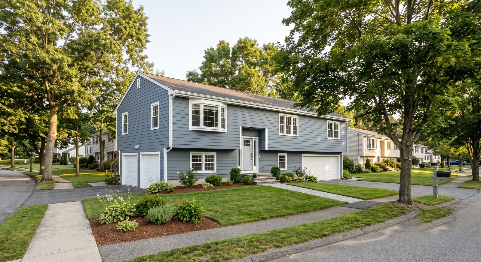 Freshly painted split-level home in a tasteful color scheme in Bellingham, Massachusetts