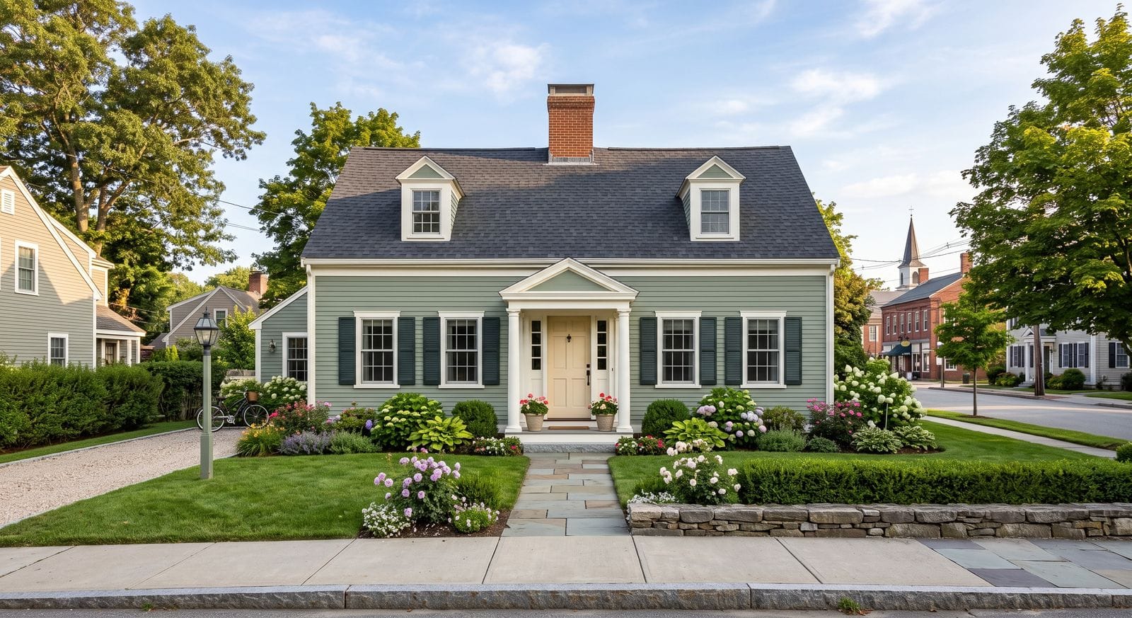 Freshly painted classic New England cape near the town center in Foxborough, Massachusetts