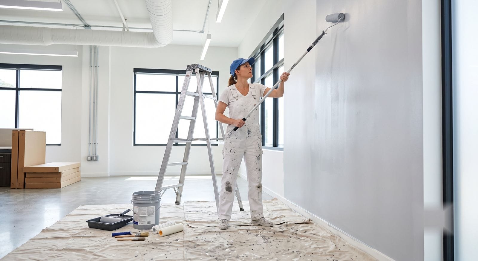 Professional painter rolling fresh paint on the interior wall of a light-commercial space in Foxborough, Massachusetts