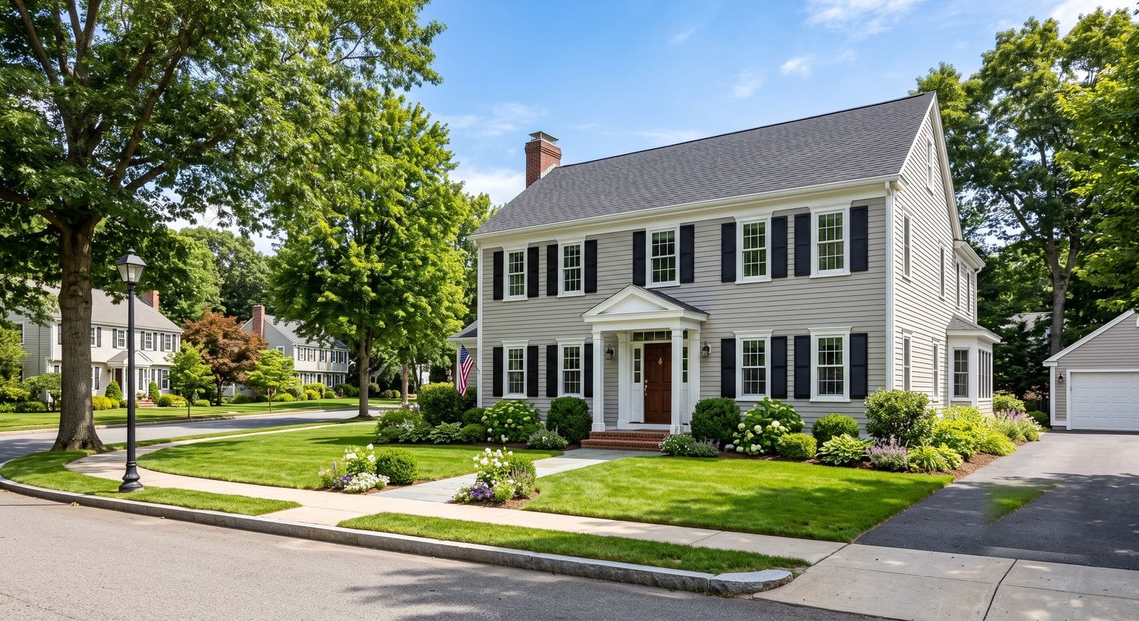 Freshly painted colonial home with white trim on a tree-lined street in Foxborough Massachusetts