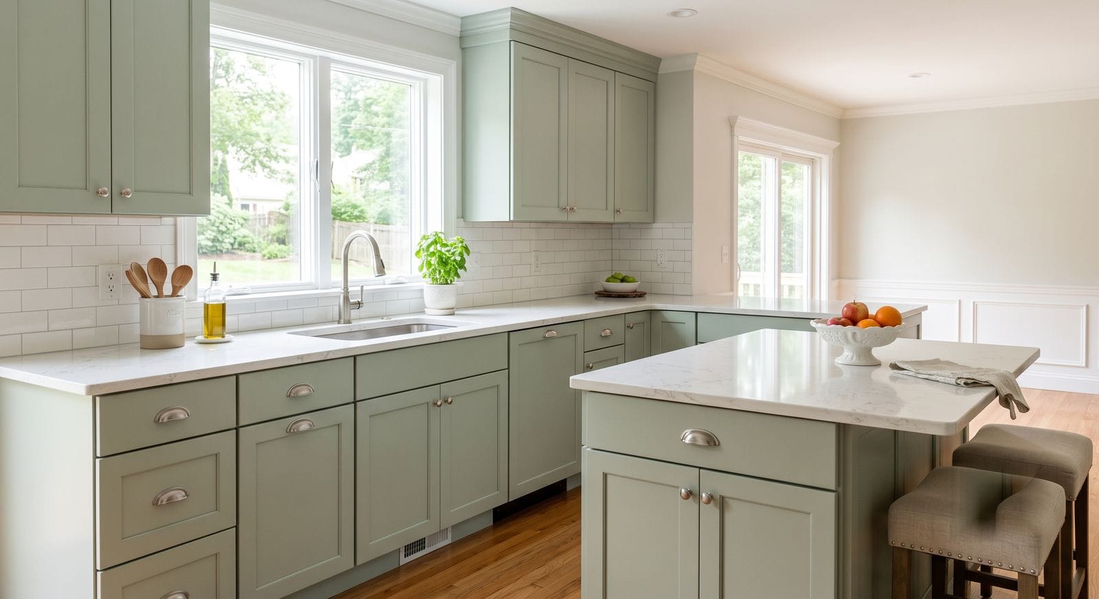 Kitchen cabinets refinished in soft sage green in a Franklin, Massachusetts home