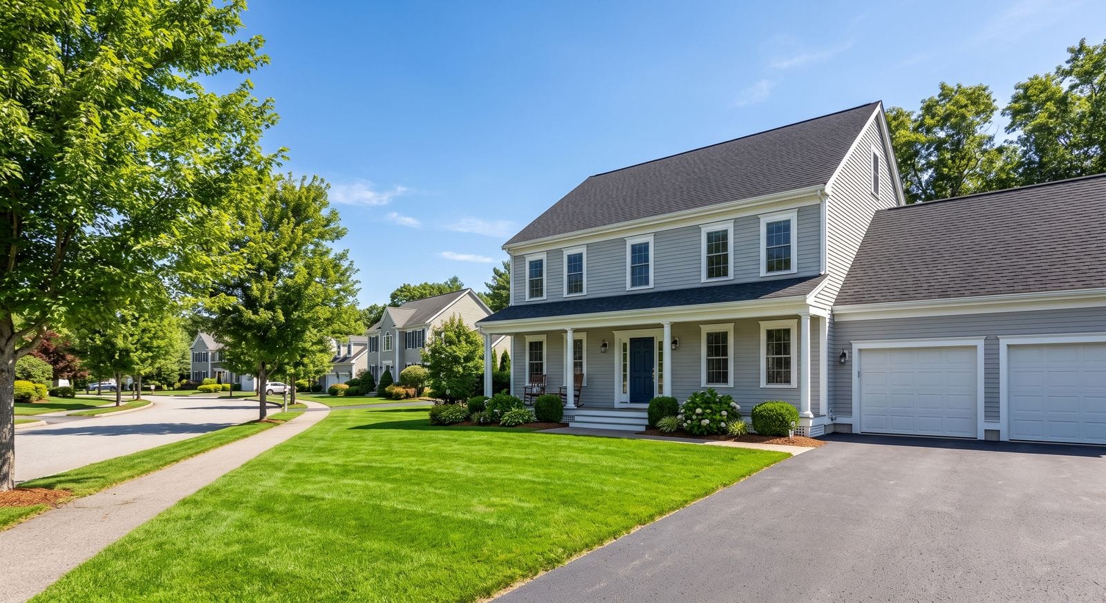 Freshly painted colonial home with white trim and green lawn on a tree-lined Franklin Massachusetts street
