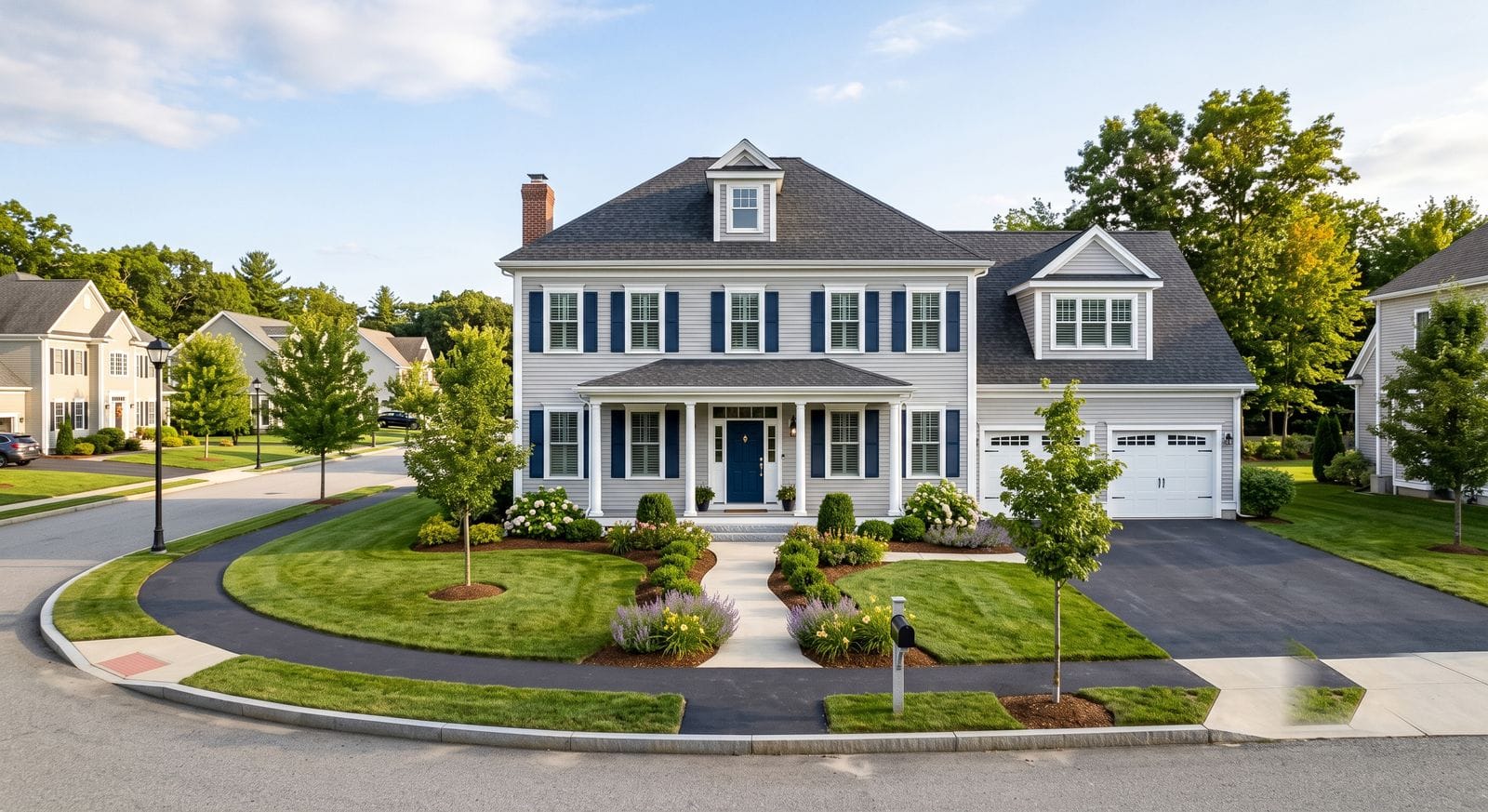 Freshly painted newer-construction Colonial with composite trim on a Franklin, Massachusetts cul-de-sac
