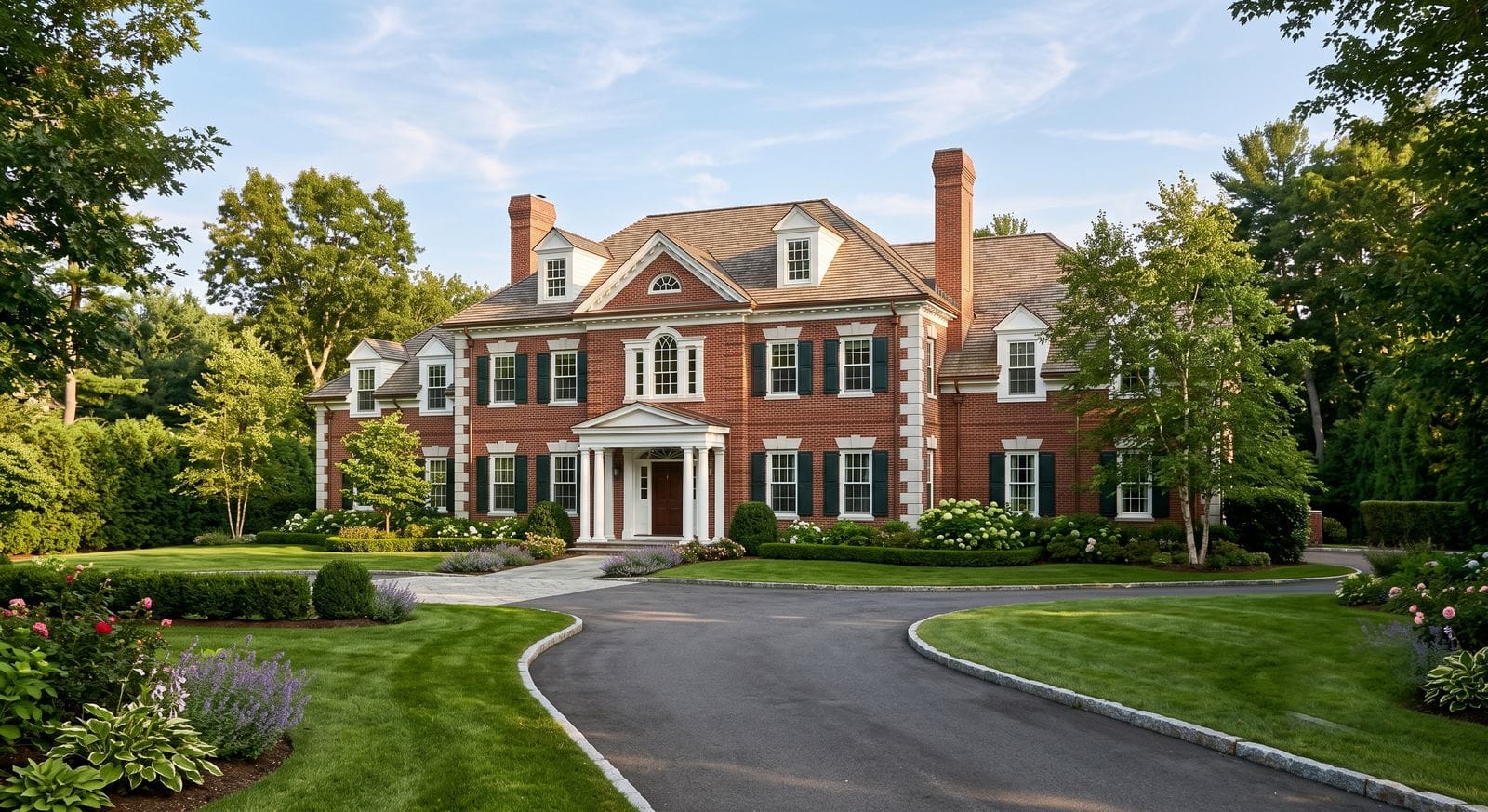 Large freshly painted Colonial estate home with detailed trim in Medfield, Massachusetts