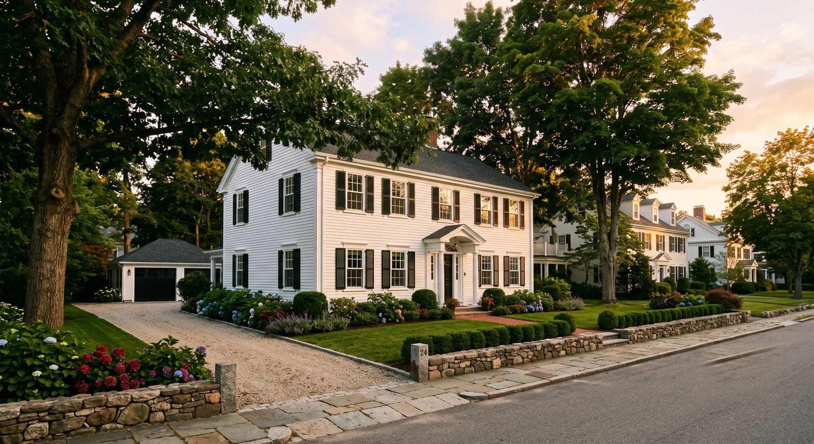 Freshly painted center-entrance colonial home with black shutters on a historic street in Medfield Massachusetts
