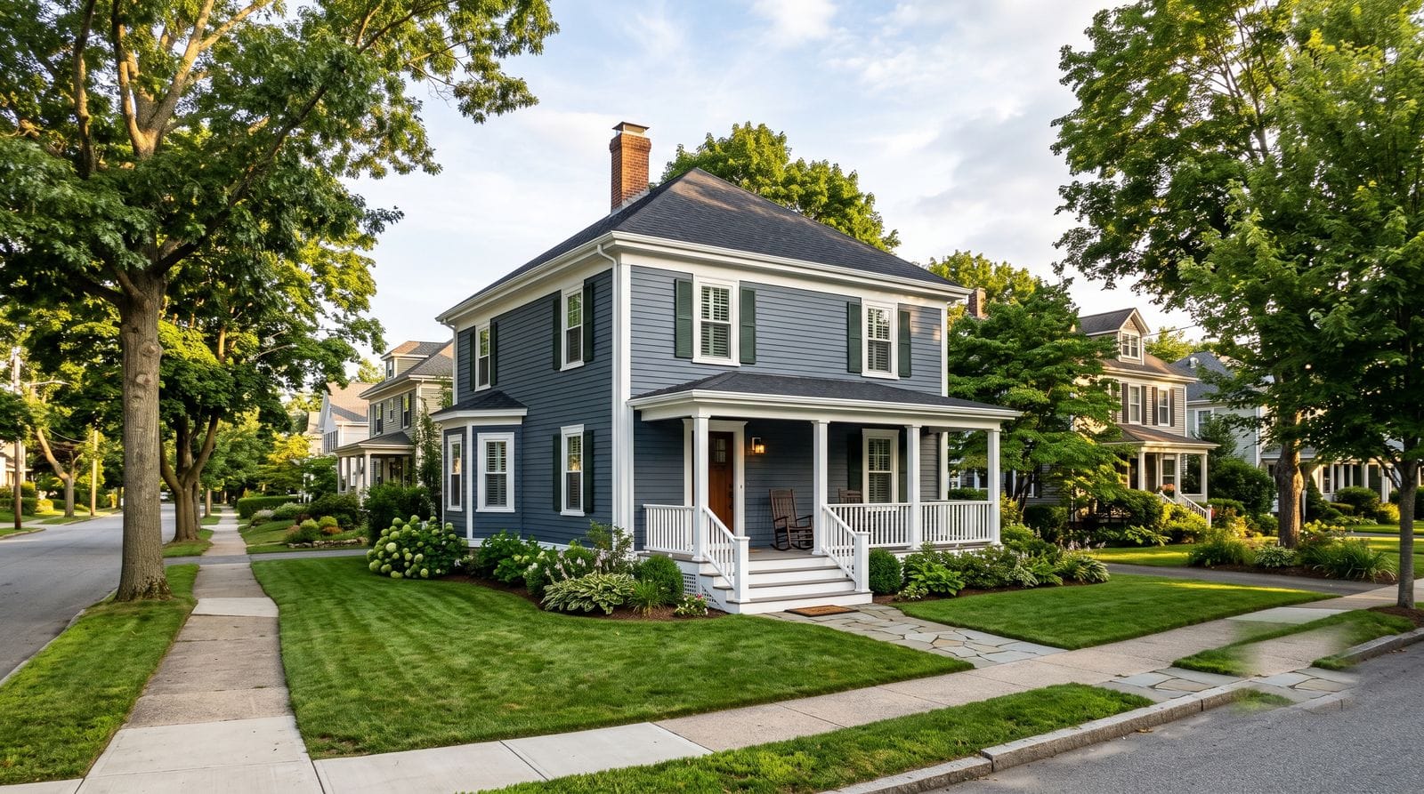 Freshly painted classic New England home with crisp white trim on a tree-lined Milford Massachusetts street