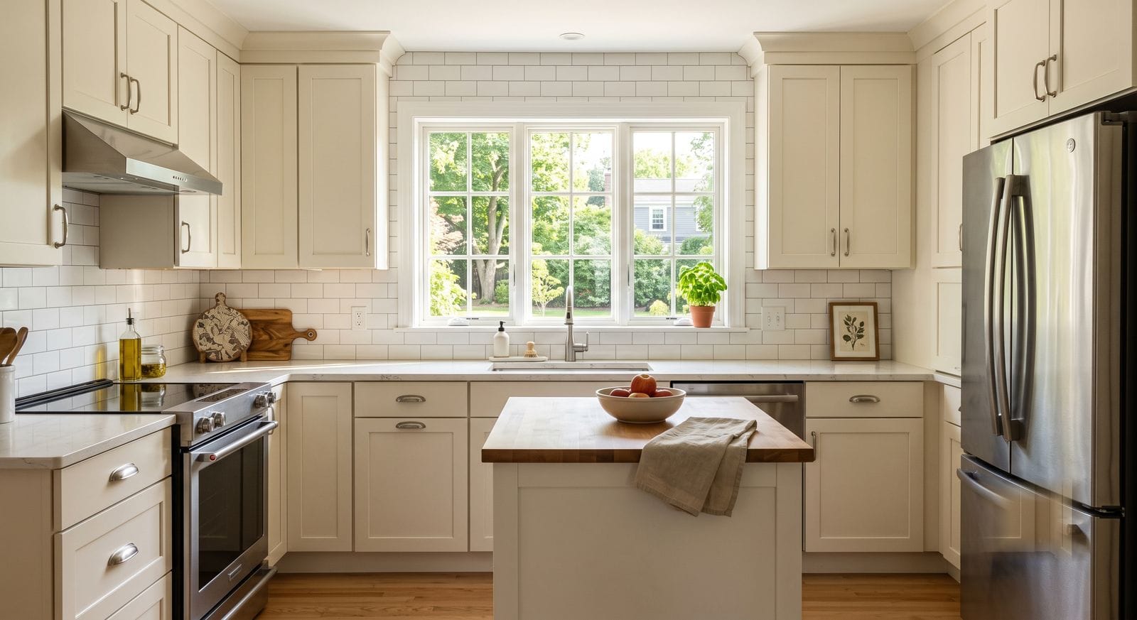 Refinished kitchen cabinets painted warm off-white in a Milford, Massachusetts home