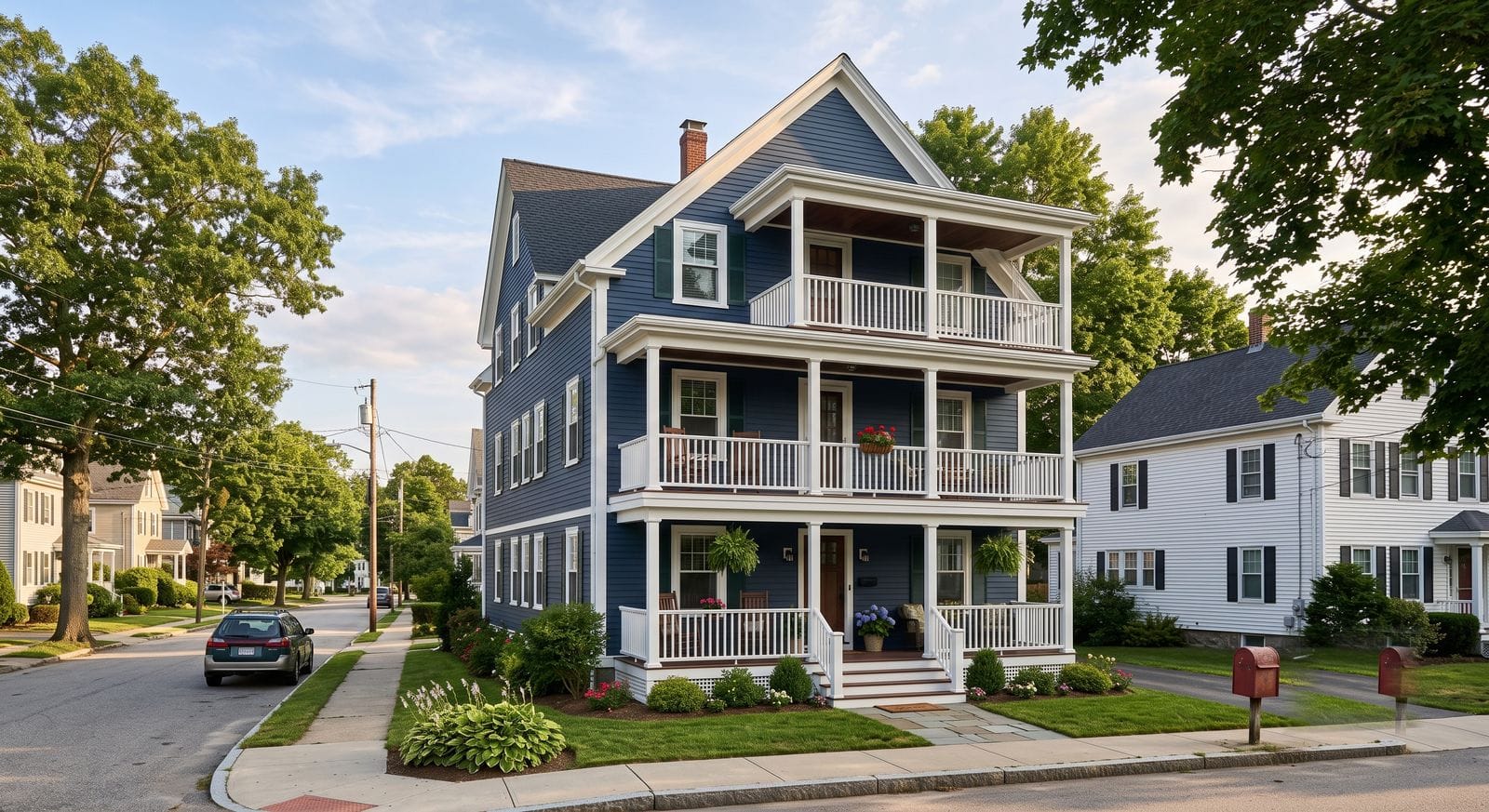 Freshly painted three-family New England triple-decker home in a Milford, Massachusetts neighborhood