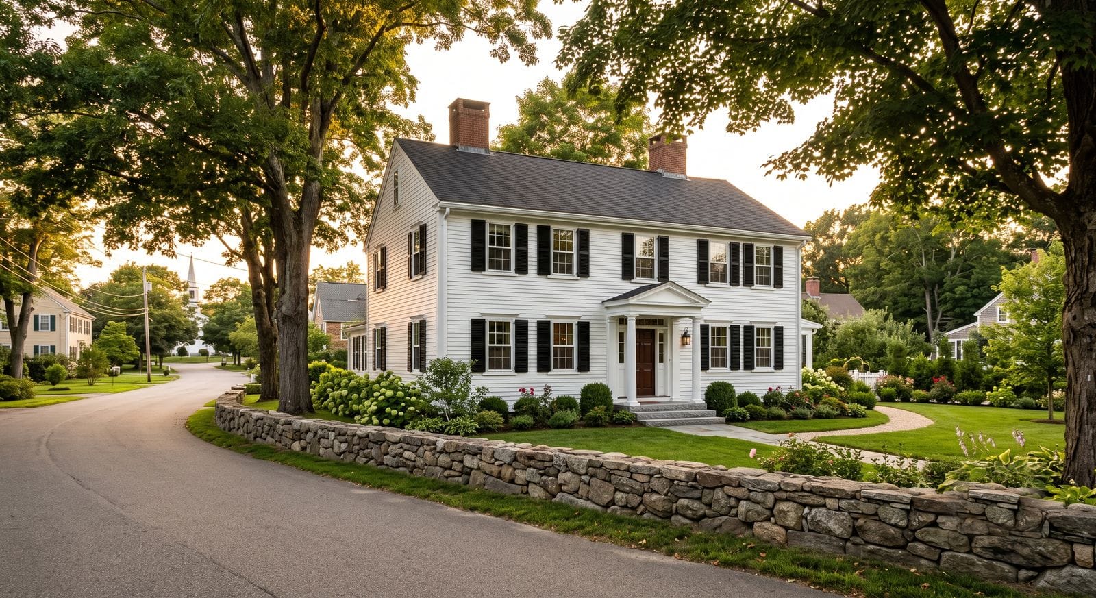 Freshly painted antique colonial home with black shutters near the historic village in Millis Massachusetts