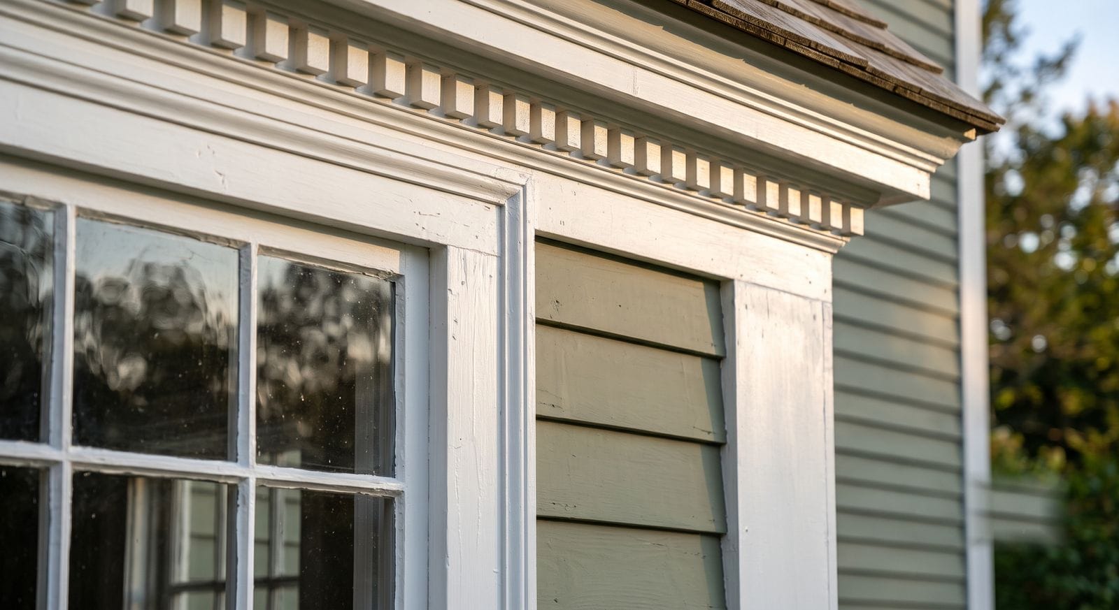 Freshly painted historic white trim and window casing on an antique home in Millis, Massachusetts