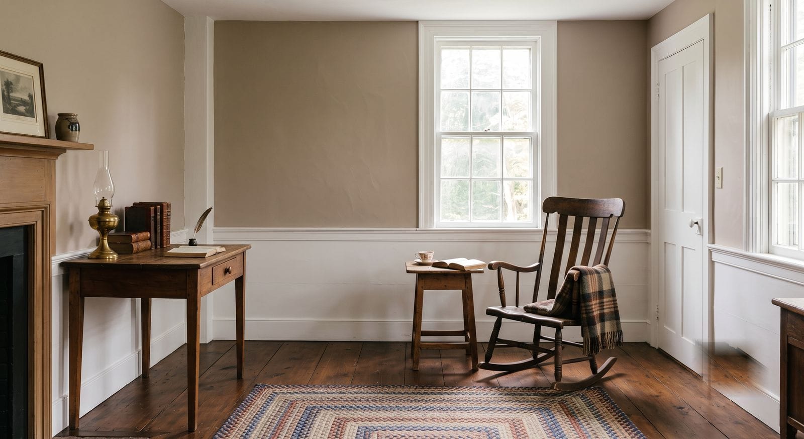 Cozy freshly painted interior with restored plaster and white wainscoting in an antique Millis, Massachusetts home
