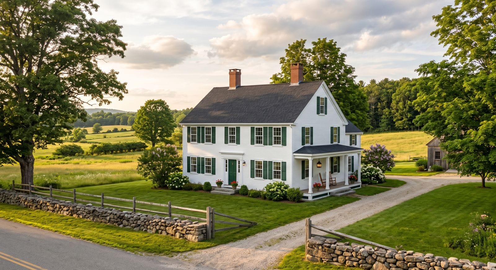 Freshly painted antique farmhouse with white clapboard and green shutters on rural land in Norfolk Massachusetts
