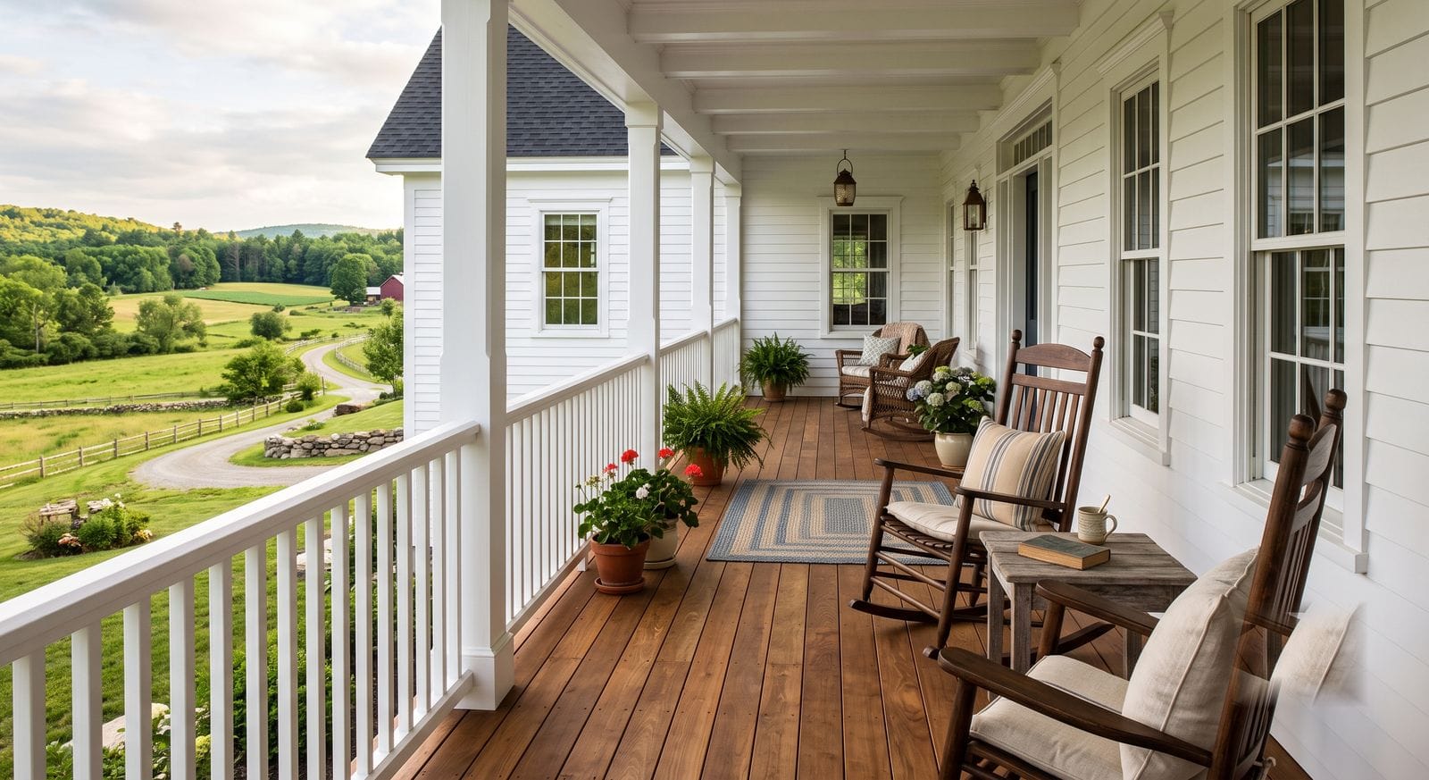 Freshly painted and stained wraparound farmhouse porch in Norfolk, Massachusetts
