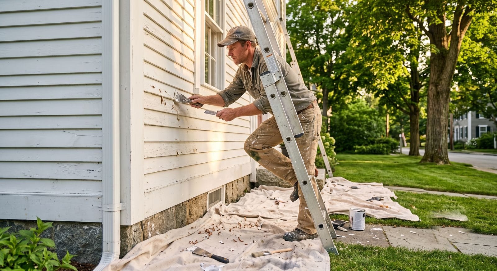 Professional painter prepping and repainting the clapboard of a historic Colonial home in Walpole, Massachusetts