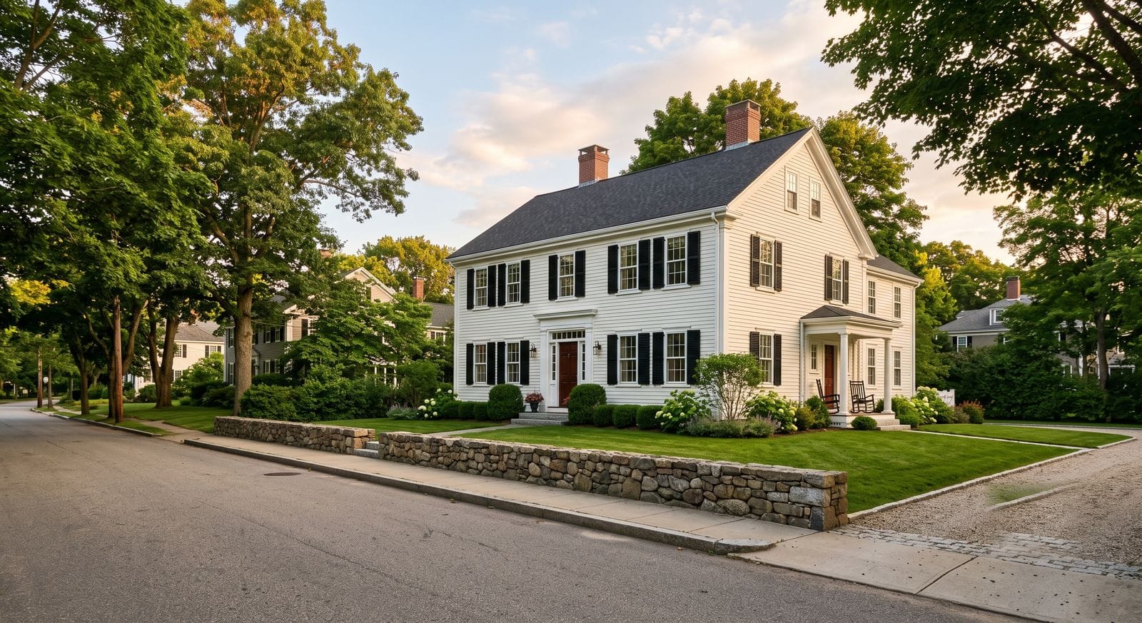 Freshly painted historic colonial home with black shutters on a tree-lined Walpole Massachusetts street